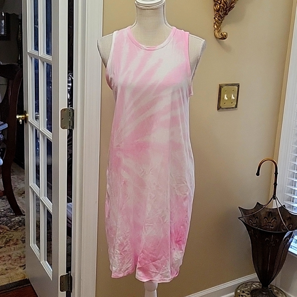 J. CREW pink white tie dye sleeve tee shirt dress 100% cotton round neck XS EUC…